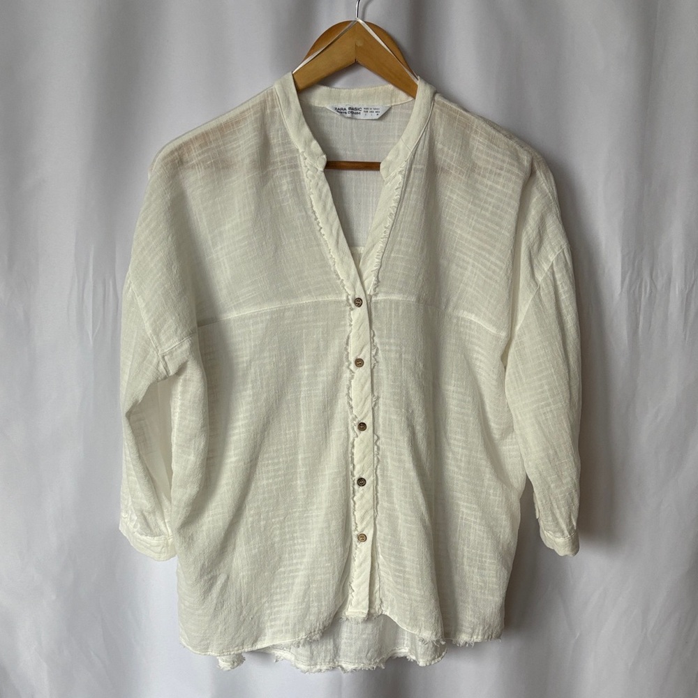 Zara Basic Z1975 Denim White 100% Cotton Button High Low 3/4 Sleeve frayed L EUC